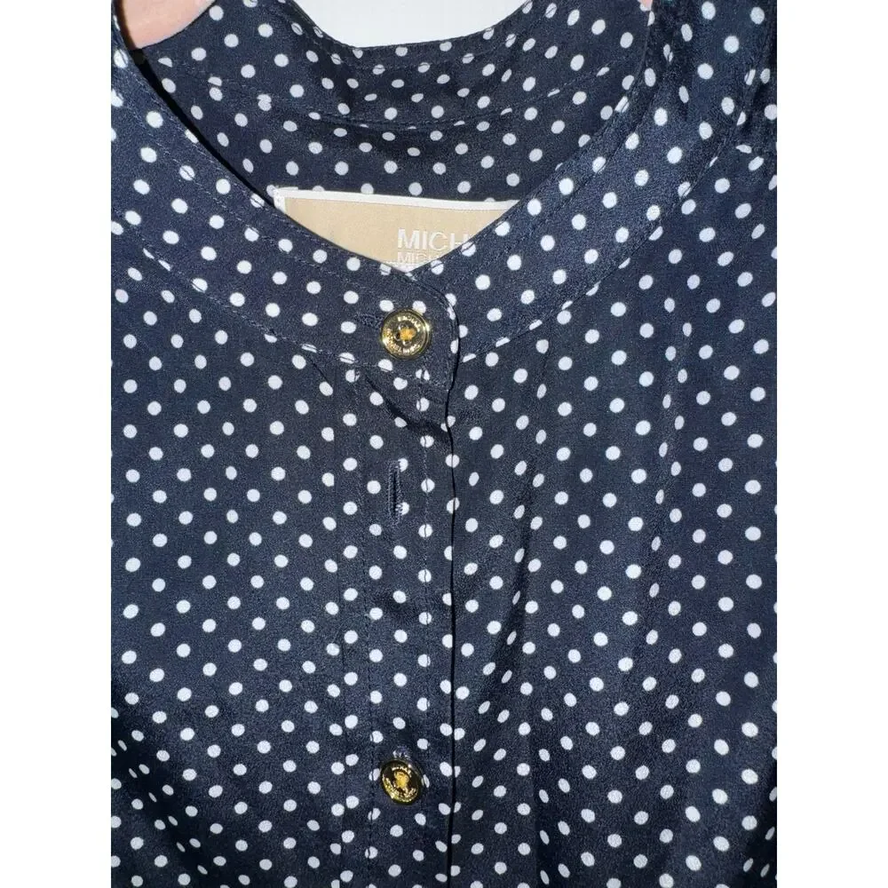 Michael Kors Women Navy Blue White Polka Dot Tunic Top Gold Buttons Size PS